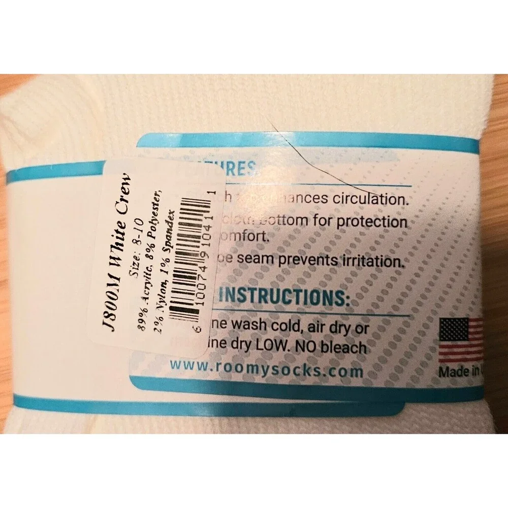 Roomy Extra Roomy Diabetic White Crew Socks Quantity 3 Sizes 8-10 J800M NEW